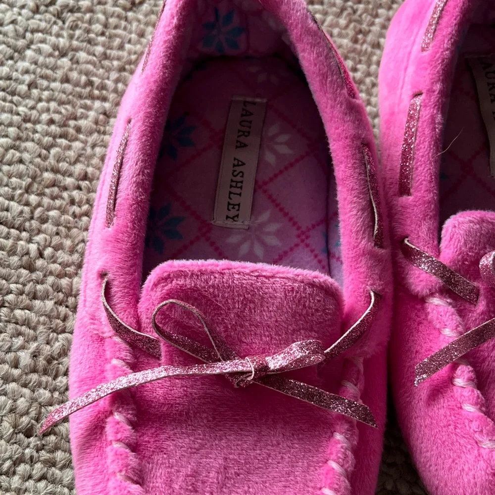 Laura Ashley Bright Pink Plush Moccasin Slippers for Kids